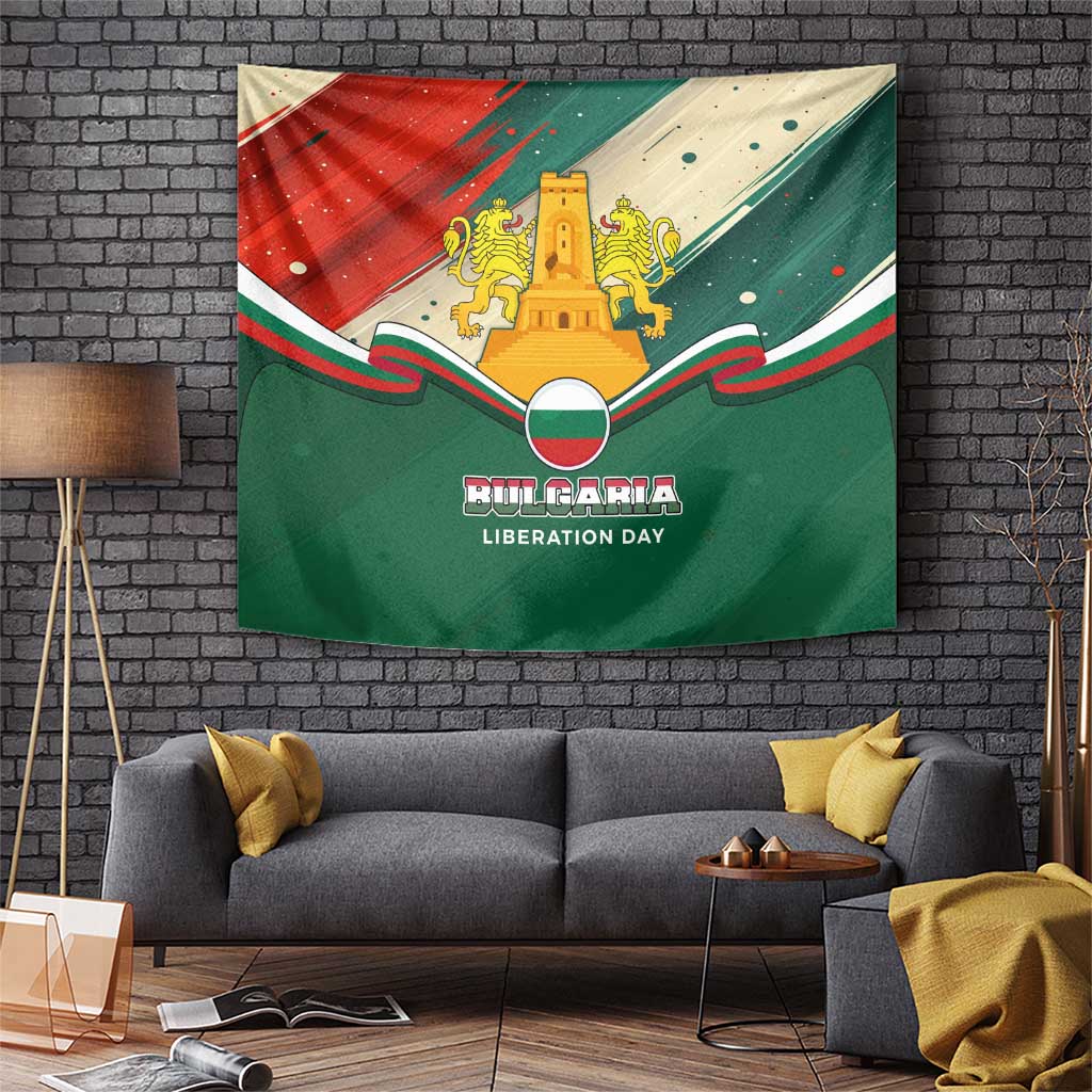 Bulgaria Liberation Day Tapestry with Shipka Monument and Tricolor Lion Graphic