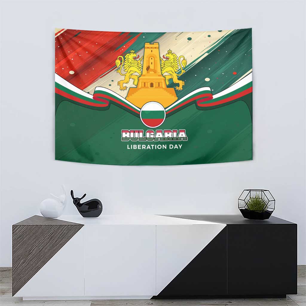 Bulgaria Liberation Day Tapestry with Shipka Monument and Tricolor Lion Graphic