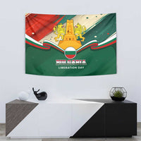 Bulgaria Liberation Day Tapestry with Shipka Monument and Tricolor Lion Graphic