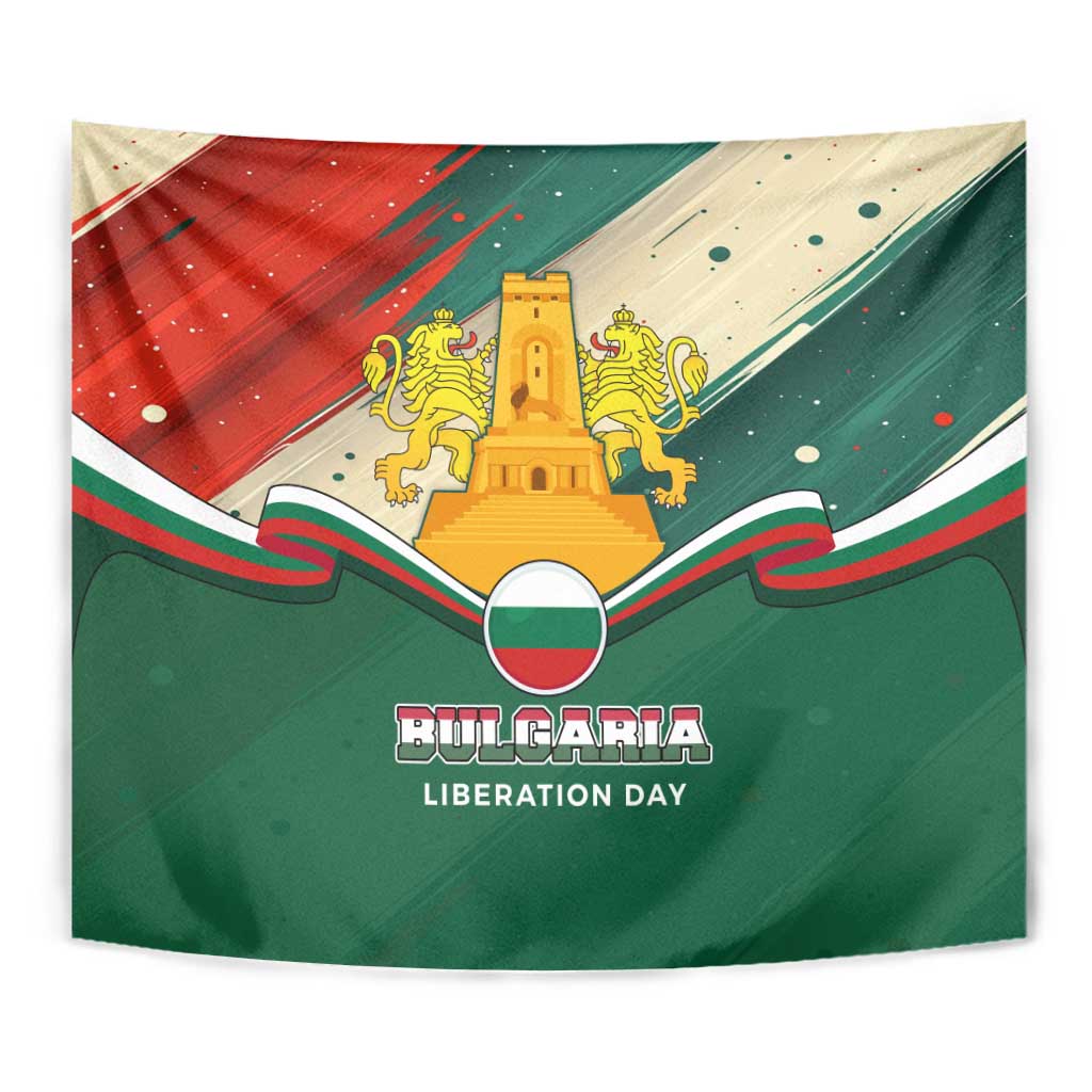 Bulgaria Liberation Day Tapestry with Shipka Monument and Tricolor Lion Graphic