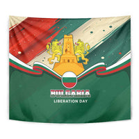 Bulgaria Liberation Day Tapestry with Shipka Monument and Tricolor Lion Graphic