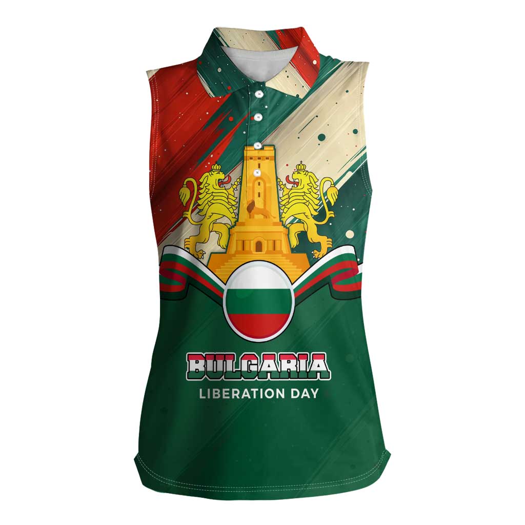 Bulgaria Liberation Day Women Sleeveless Polo Shirt with Shipka Monument and Tricolor Lion Graphic
