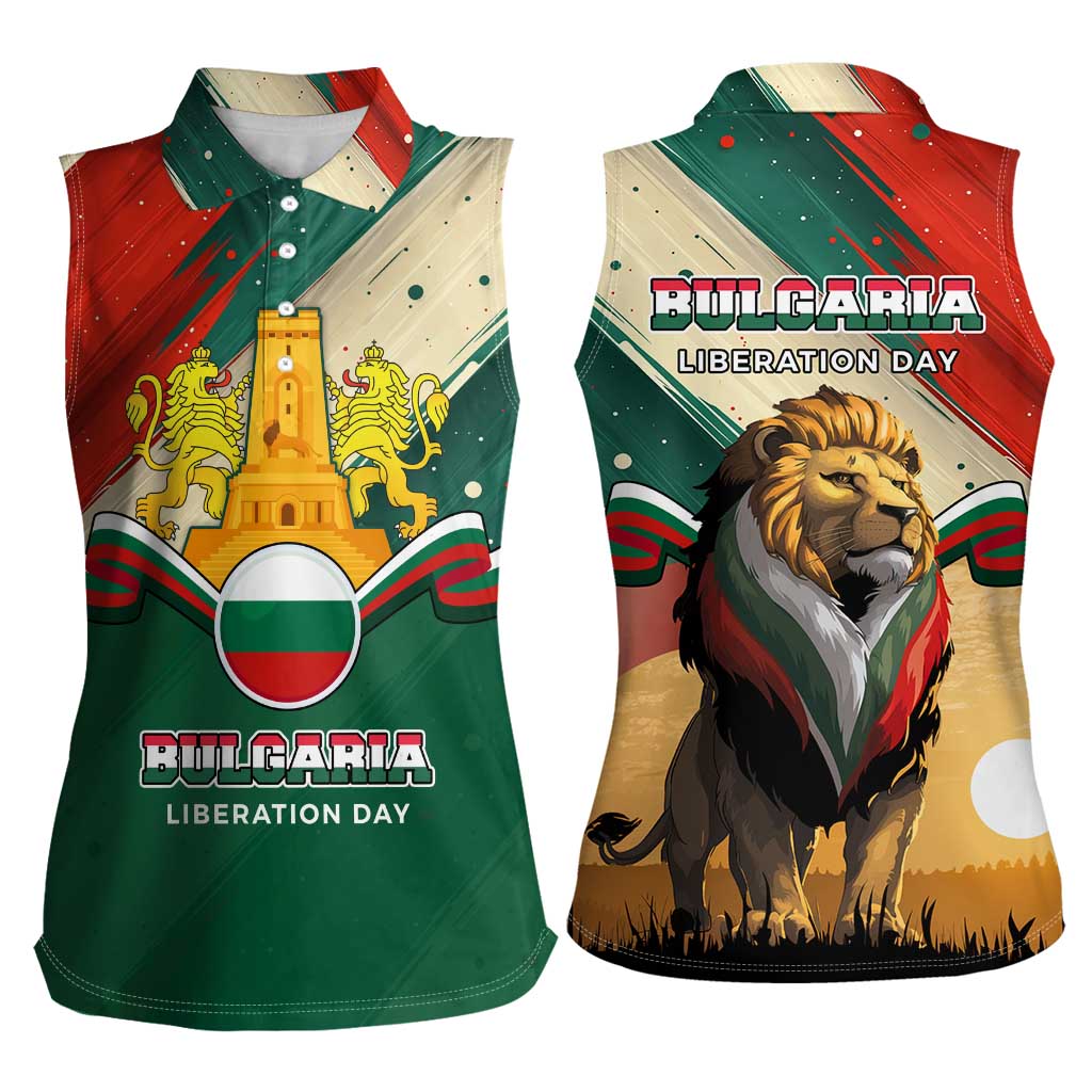 Bulgaria Liberation Day Women Sleeveless Polo Shirt with Shipka Monument and Tricolor Lion Graphic