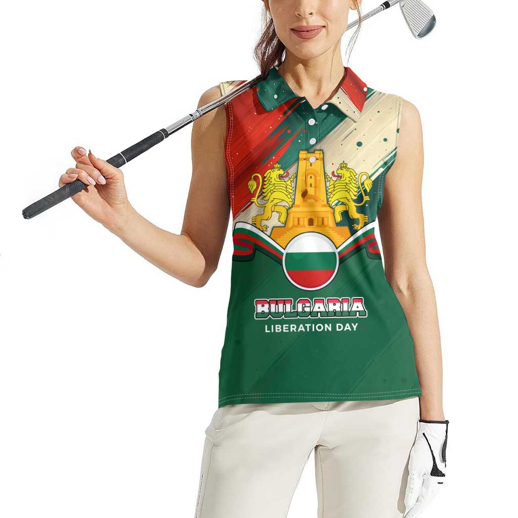 Bulgaria Liberation Day Women Sleeveless Polo Shirt with Shipka Monument and Tricolor Lion Graphic