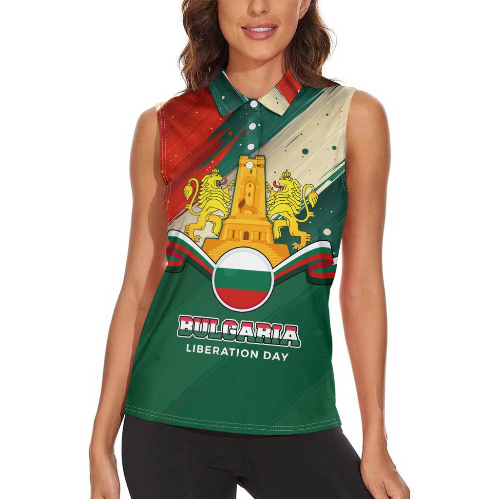 Bulgaria Liberation Day Women Sleeveless Polo Shirt with Shipka Monument and Tricolor Lion Graphic