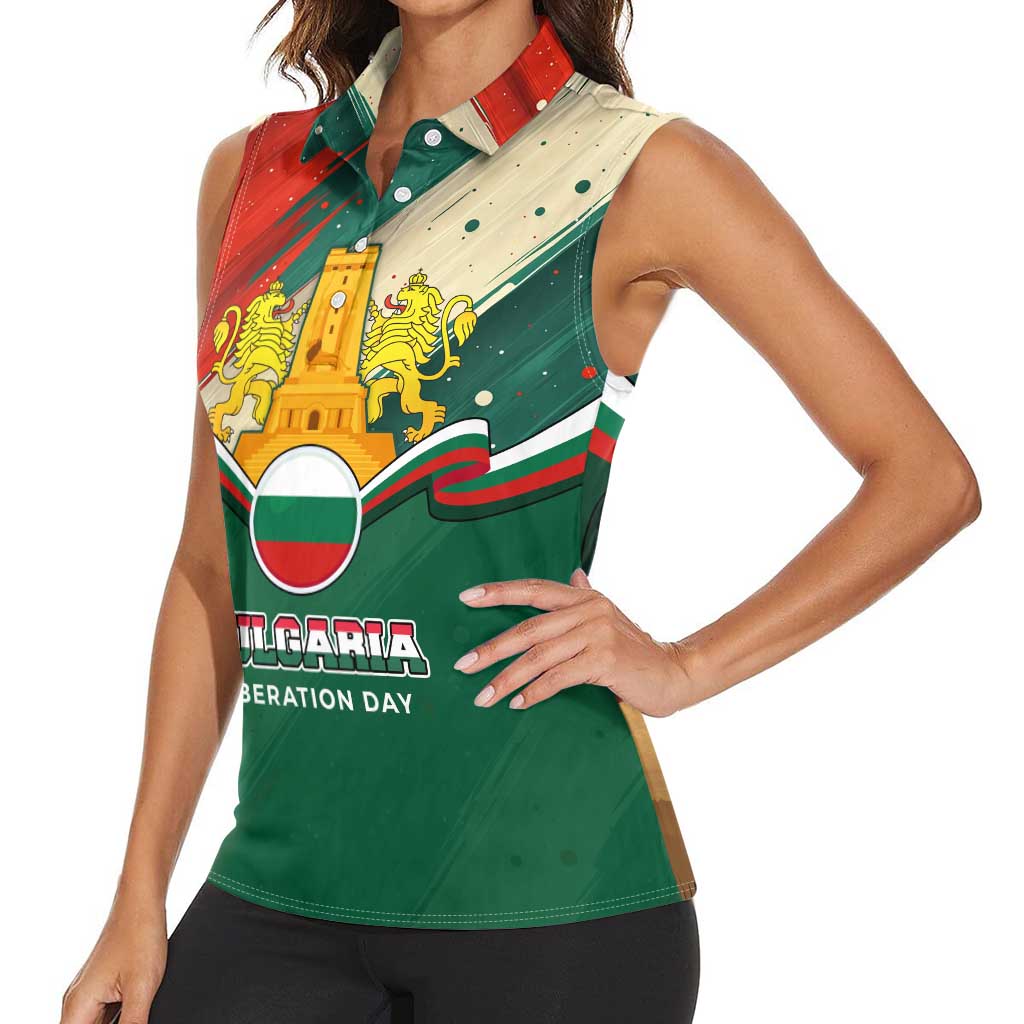 Bulgaria Liberation Day Women Sleeveless Polo Shirt with Shipka Monument and Tricolor Lion Graphic