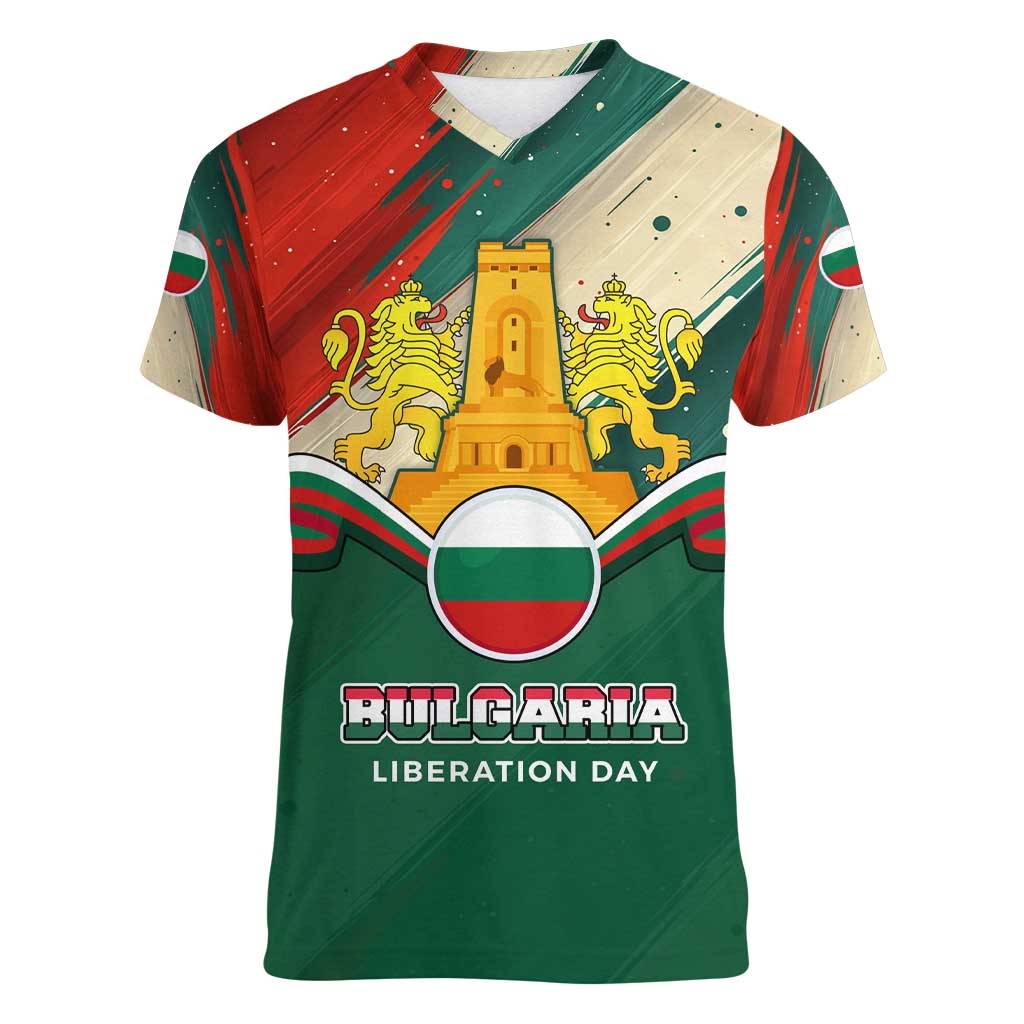 Bulgaria Liberation Day Women V-Neck T-Shirt with Shipka Monument and Tricolor Lion Graphic