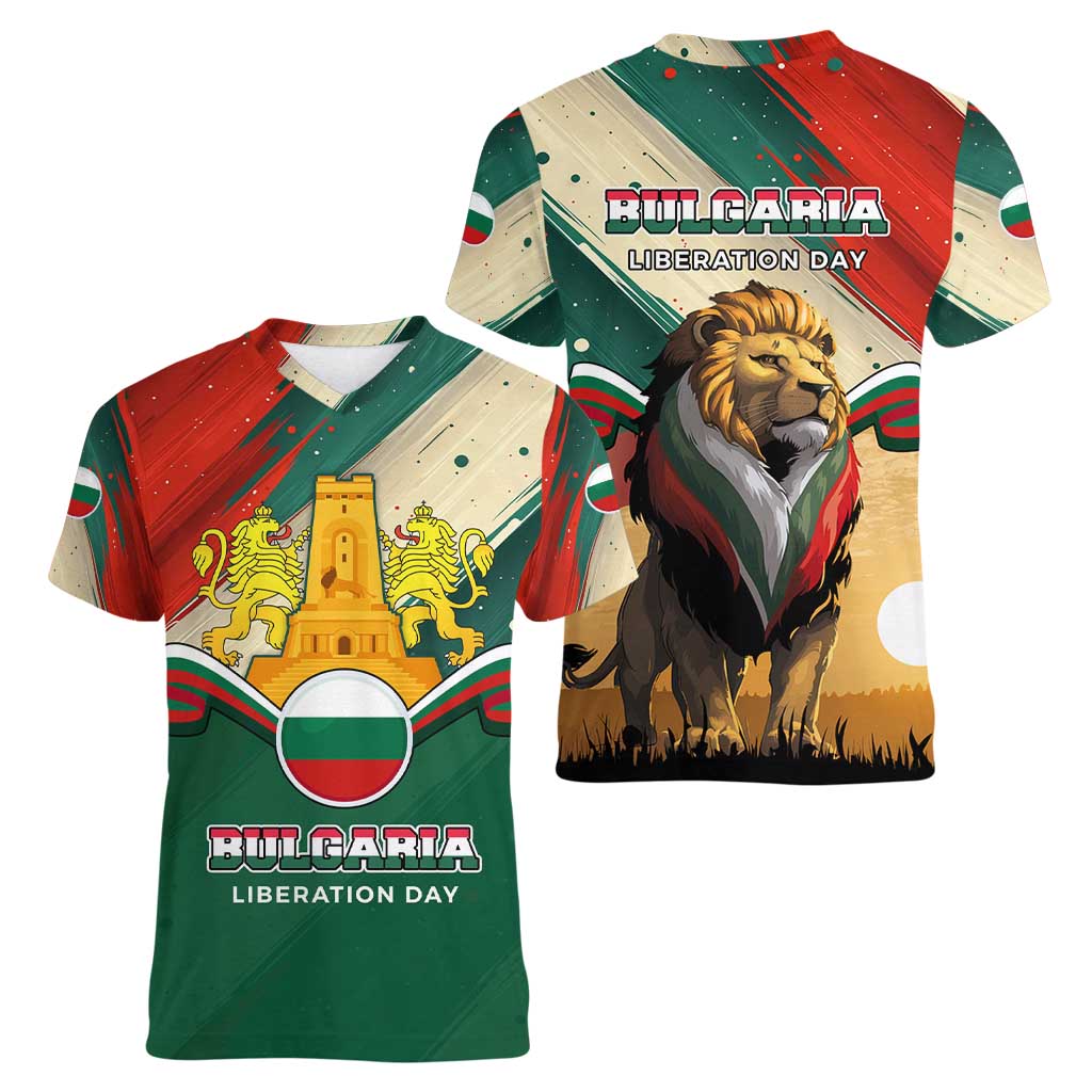 Bulgaria Liberation Day Women V-Neck T-Shirt with Shipka Monument and Tricolor Lion Graphic