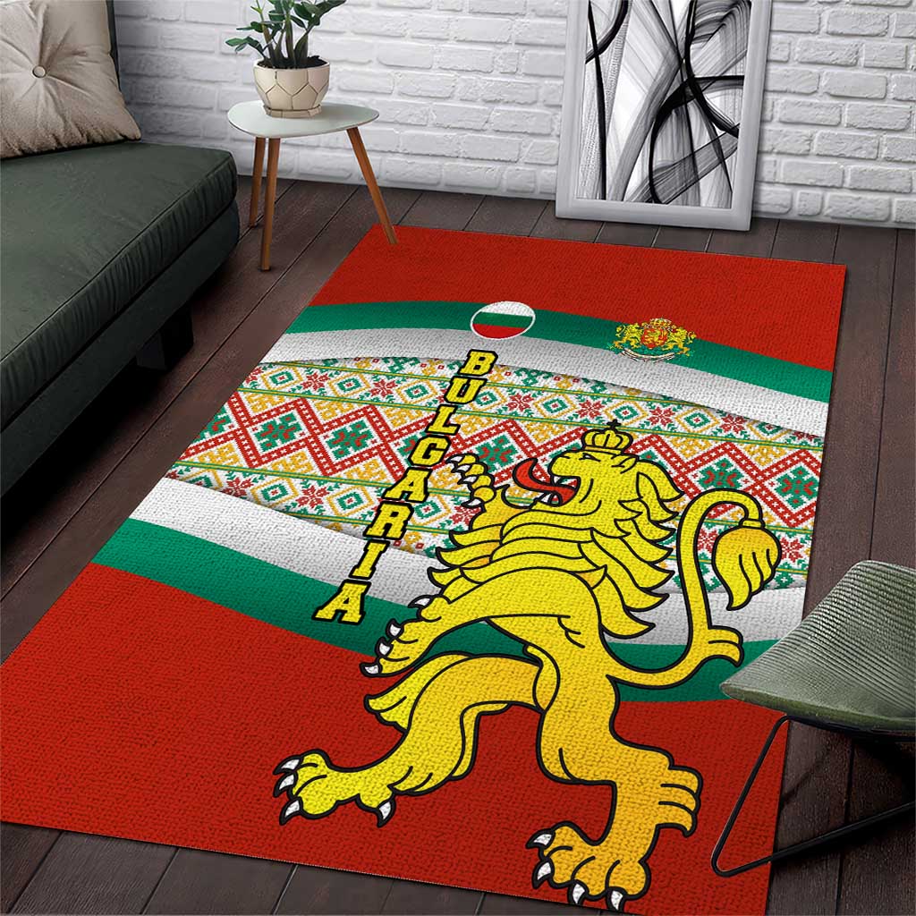 Bulgaria Lion Area Rug Tricolor Flag, Folk Pattern and Proud Motto