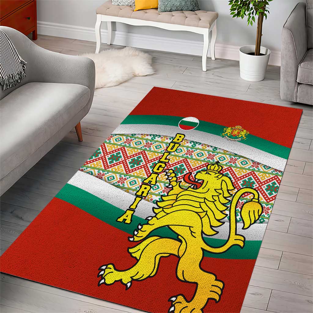 Bulgaria Lion Area Rug Tricolor Flag, Folk Pattern and Proud Motto