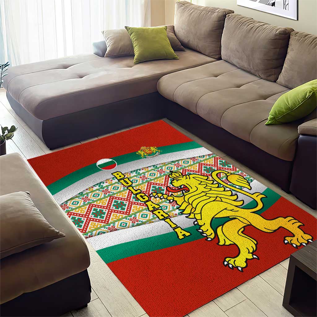 Bulgaria Lion Area Rug Tricolor Flag, Folk Pattern and Proud Motto