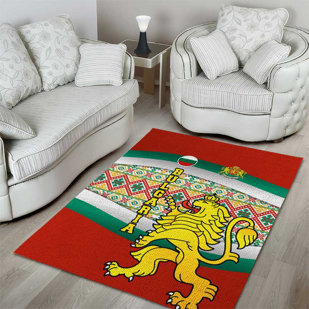 Bulgaria Lion Area Rug Tricolor Flag, Folk Pattern and Proud Motto