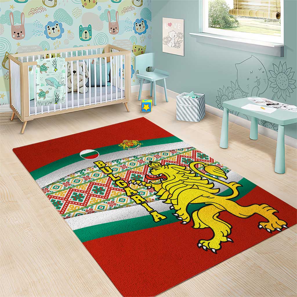 Bulgaria Lion Area Rug Tricolor Flag, Folk Pattern and Proud Motto
