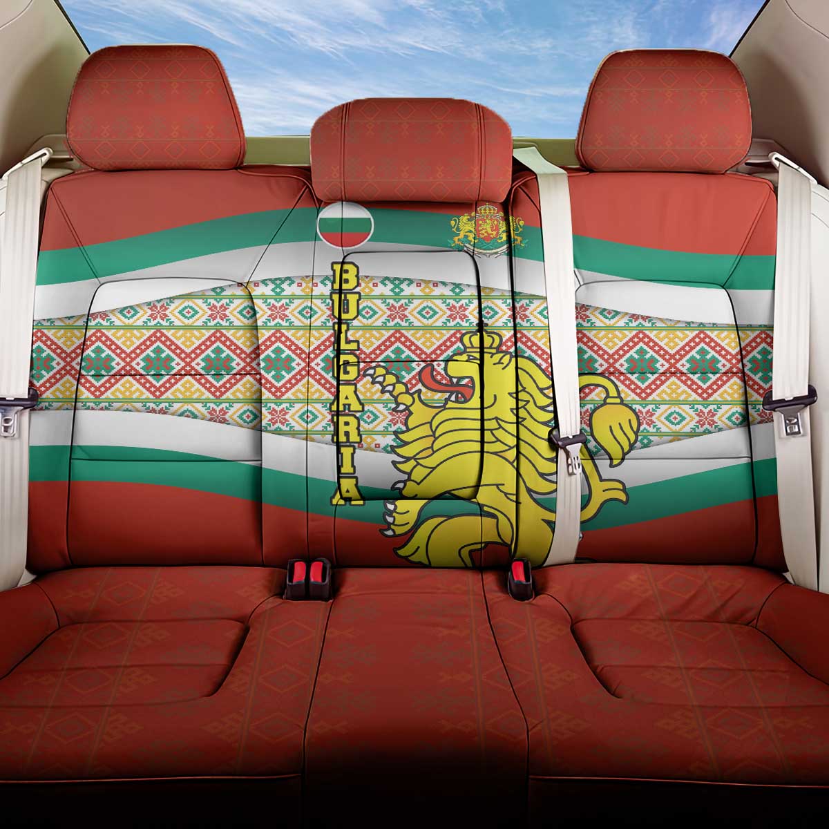 Bulgaria Lion Back Car Seat Cover Tricolor Flag, Folk Pattern and Proud Motto