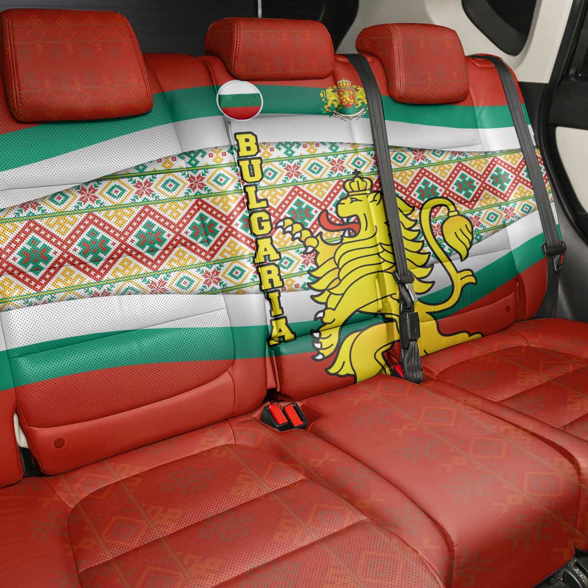 Bulgaria Lion Back Car Seat Cover Tricolor Flag, Folk Pattern and Proud Motto