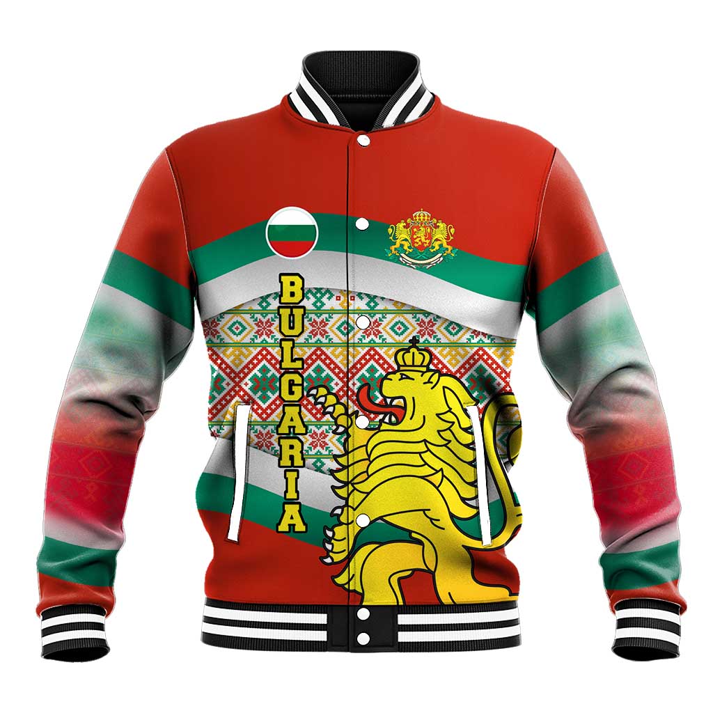 Bulgaria Lion Baseball Jacket Tricolor Flag, Folk Pattern and Proud Motto