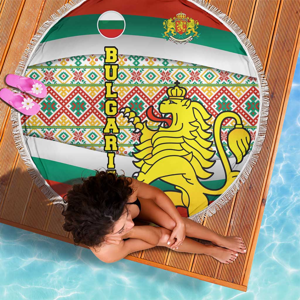 Bulgaria Lion Beach Blanket Tricolor Flag, Folk Pattern and Proud Motto