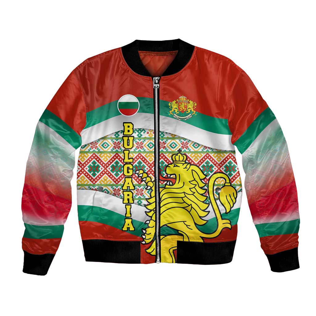Bulgaria Lion Bomber Jacket Tricolor Flag, Folk Pattern and Proud Motto