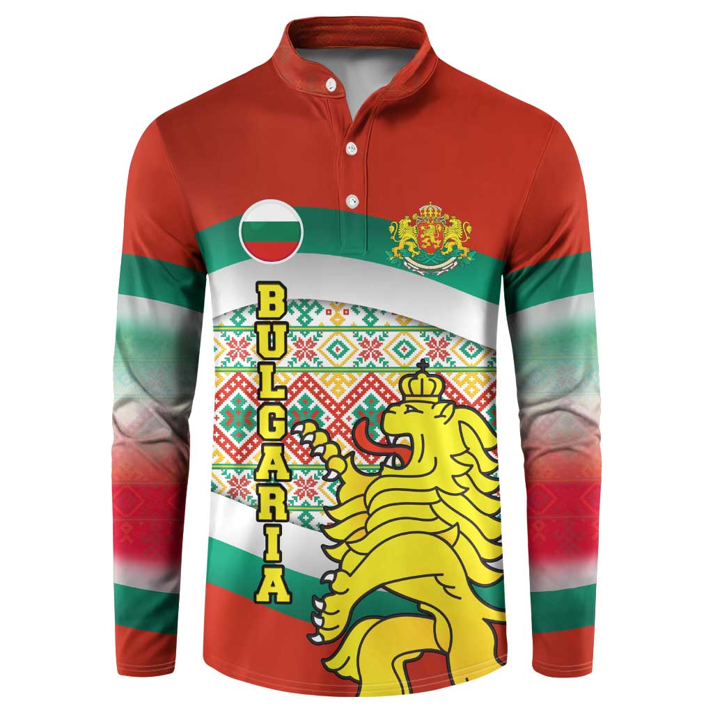 Bulgaria Lion Button Sweatshirt Tricolor Flag, Folk Pattern and Proud Motto