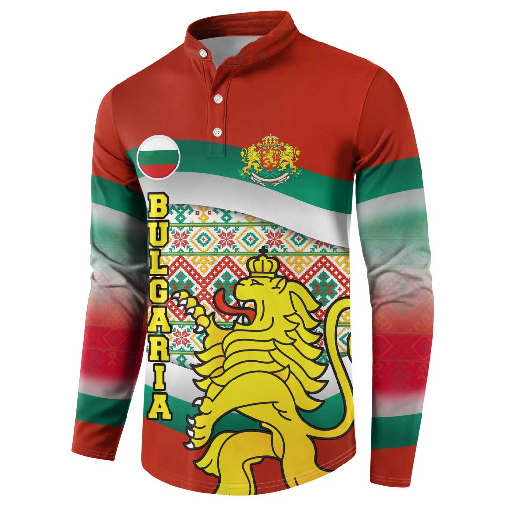 Bulgaria Lion Button Sweatshirt Tricolor Flag, Folk Pattern and Proud Motto