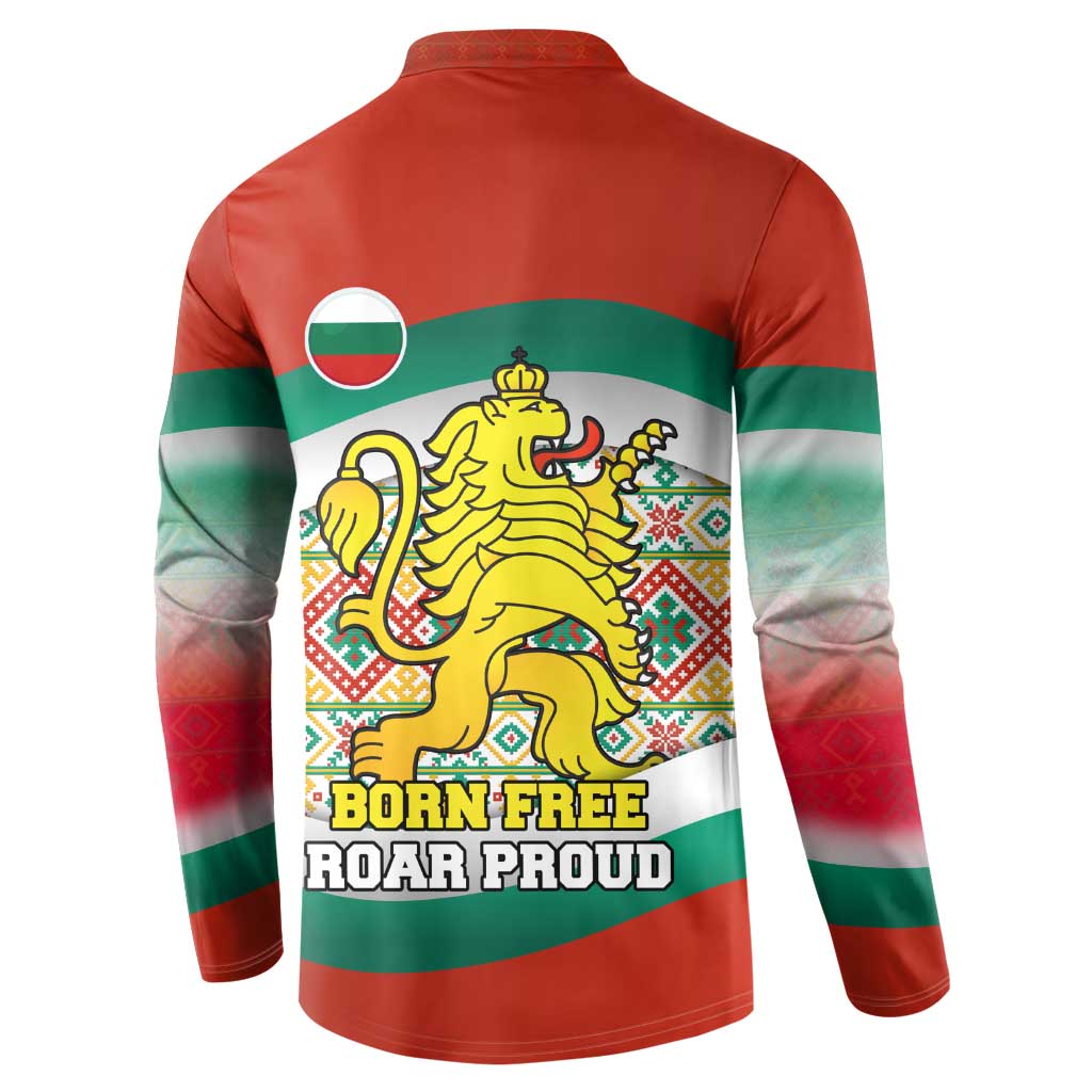 Bulgaria Lion Button Sweatshirt Tricolor Flag, Folk Pattern and Proud Motto