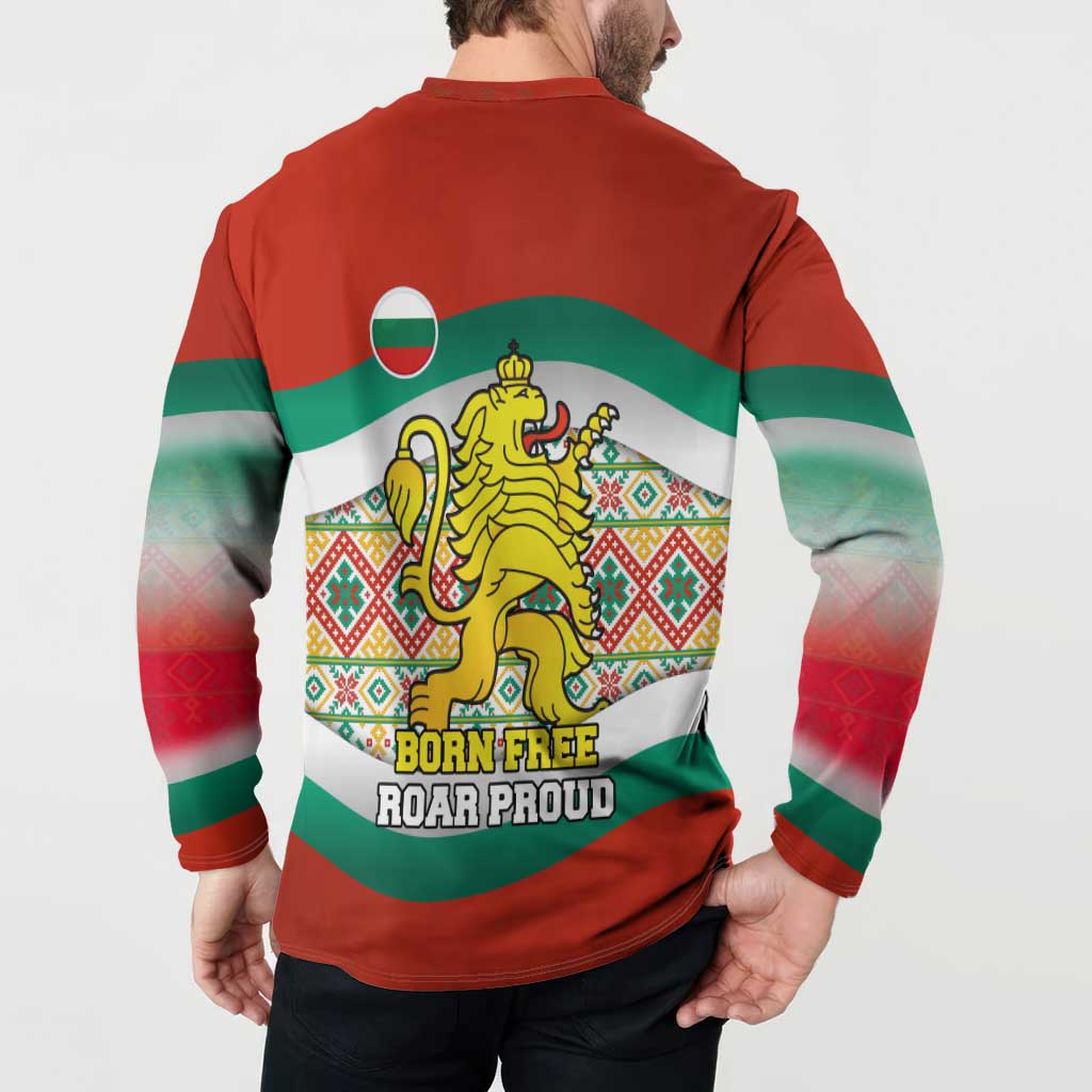 Bulgaria Lion Button Sweatshirt Tricolor Flag, Folk Pattern and Proud Motto