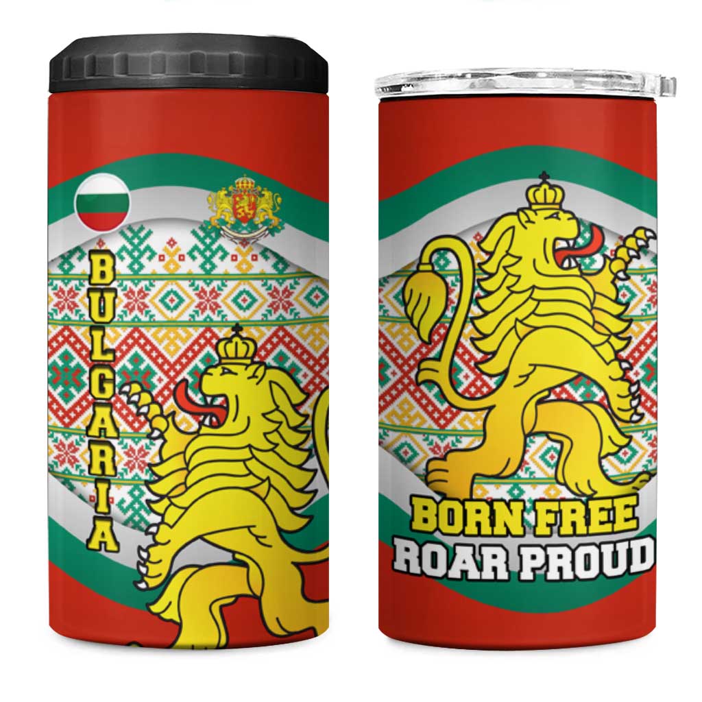 Bulgaria Lion 4 in 1 Can Cooler Tumbler Tricolor Flag, Folk Pattern and Proud Motto
