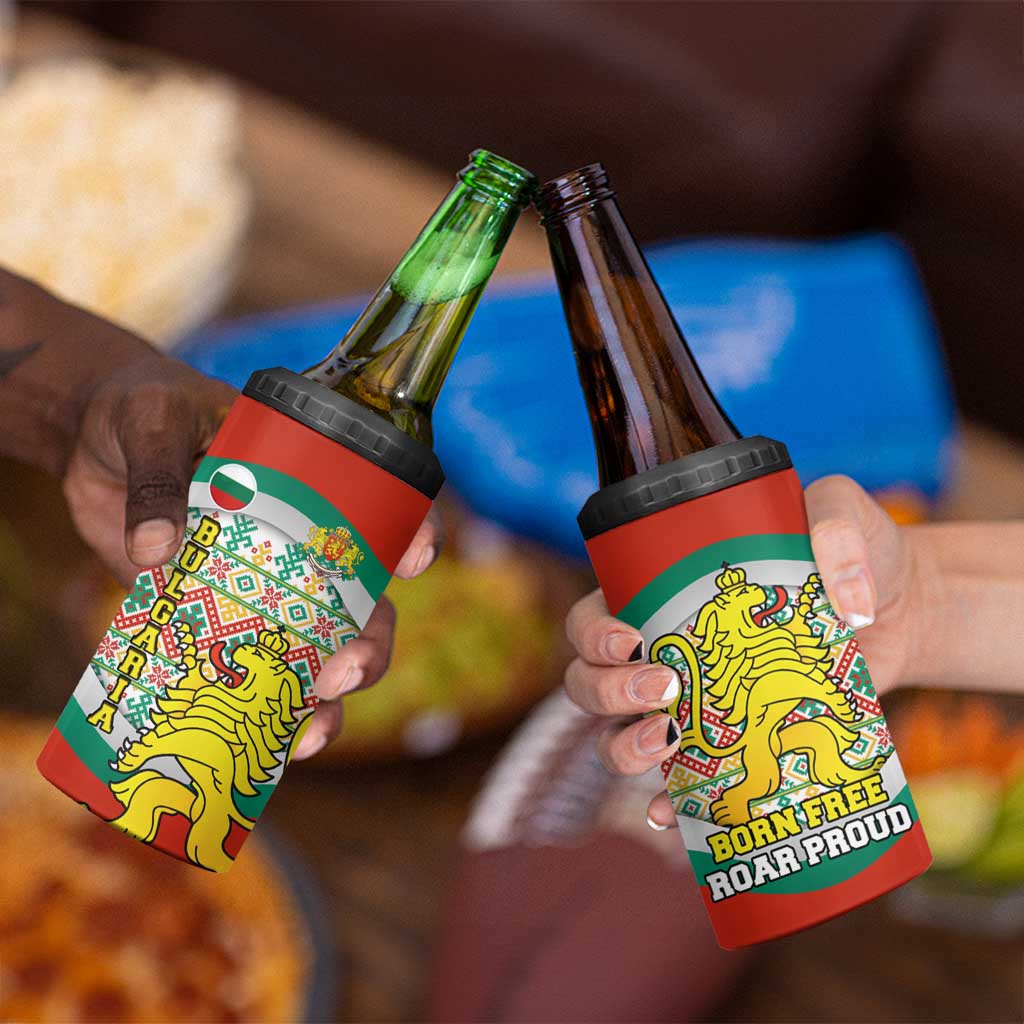 Bulgaria Lion 4 in 1 Can Cooler Tumbler Tricolor Flag, Folk Pattern and Proud Motto