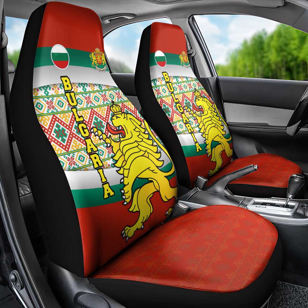 Bulgaria Lion Car Seat Cover Tricolor Flag, Folk Pattern and Proud Motto