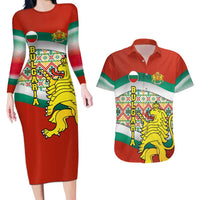 Bulgaria Lion Couples Matching Long Sleeve Bodycon Dress and Hawaiian Shirt Tricolor Flag, Folk Pattern and Proud Motto