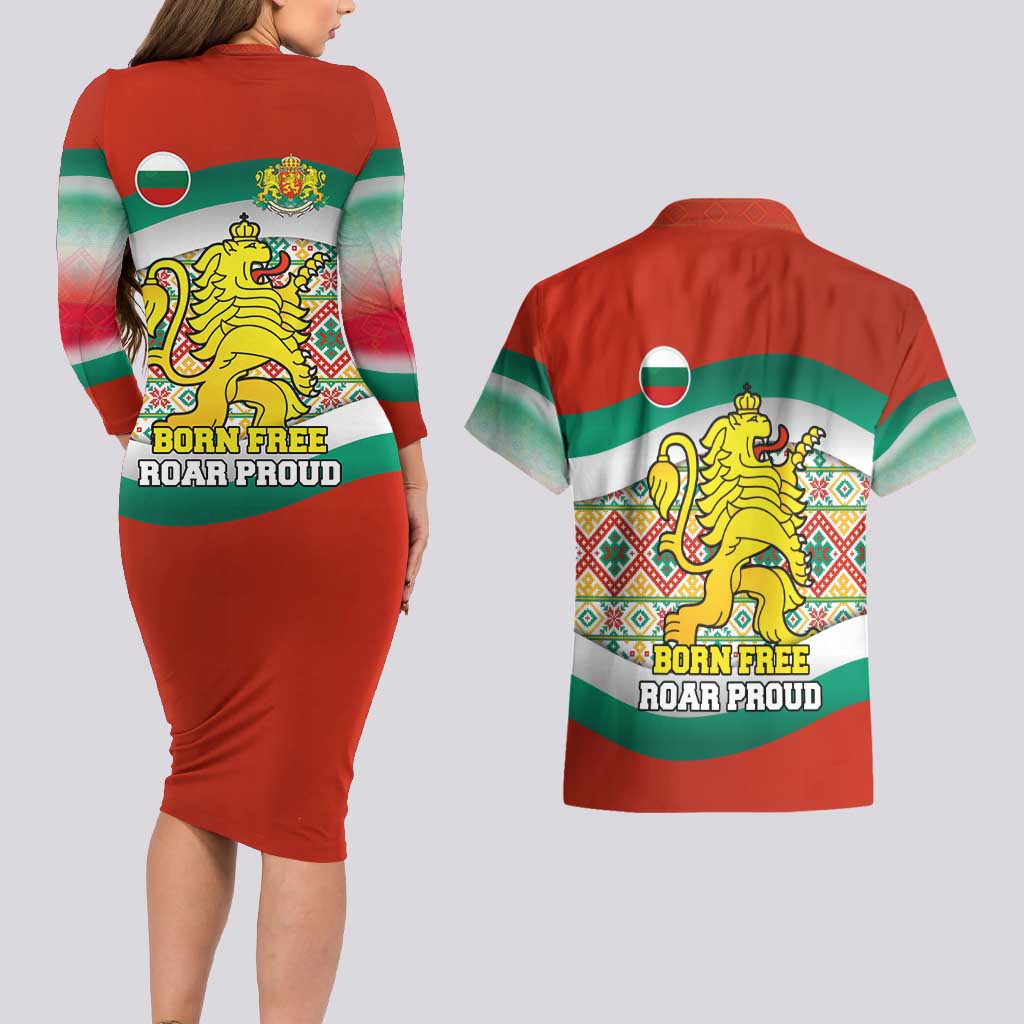 Bulgaria Lion Couples Matching Long Sleeve Bodycon Dress and Hawaiian Shirt Tricolor Flag, Folk Pattern and Proud Motto