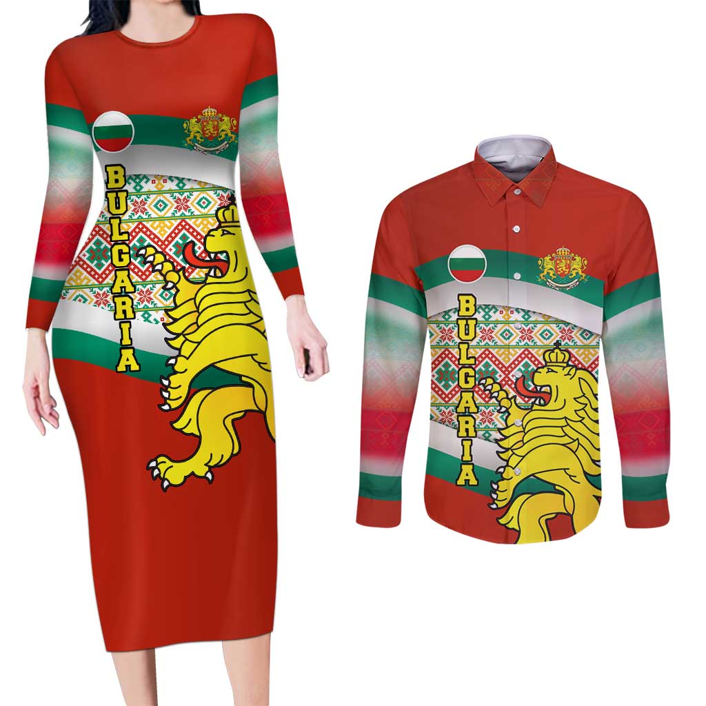 Bulgaria Lion Couples Matching Long Sleeve Bodycon Dress and Long Sleeve Button Shirt Tricolor Flag, Folk Pattern and Proud Motto