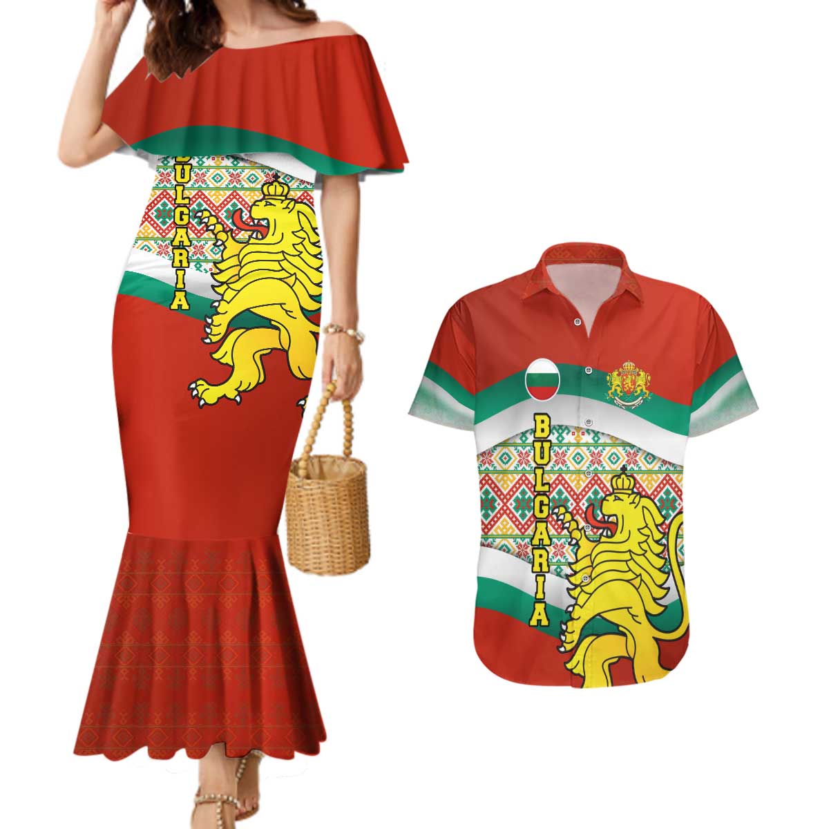 Bulgaria Lion Couples Matching Mermaid Dress and Hawaiian Shirt Tricolor Flag, Folk Pattern and Proud Motto