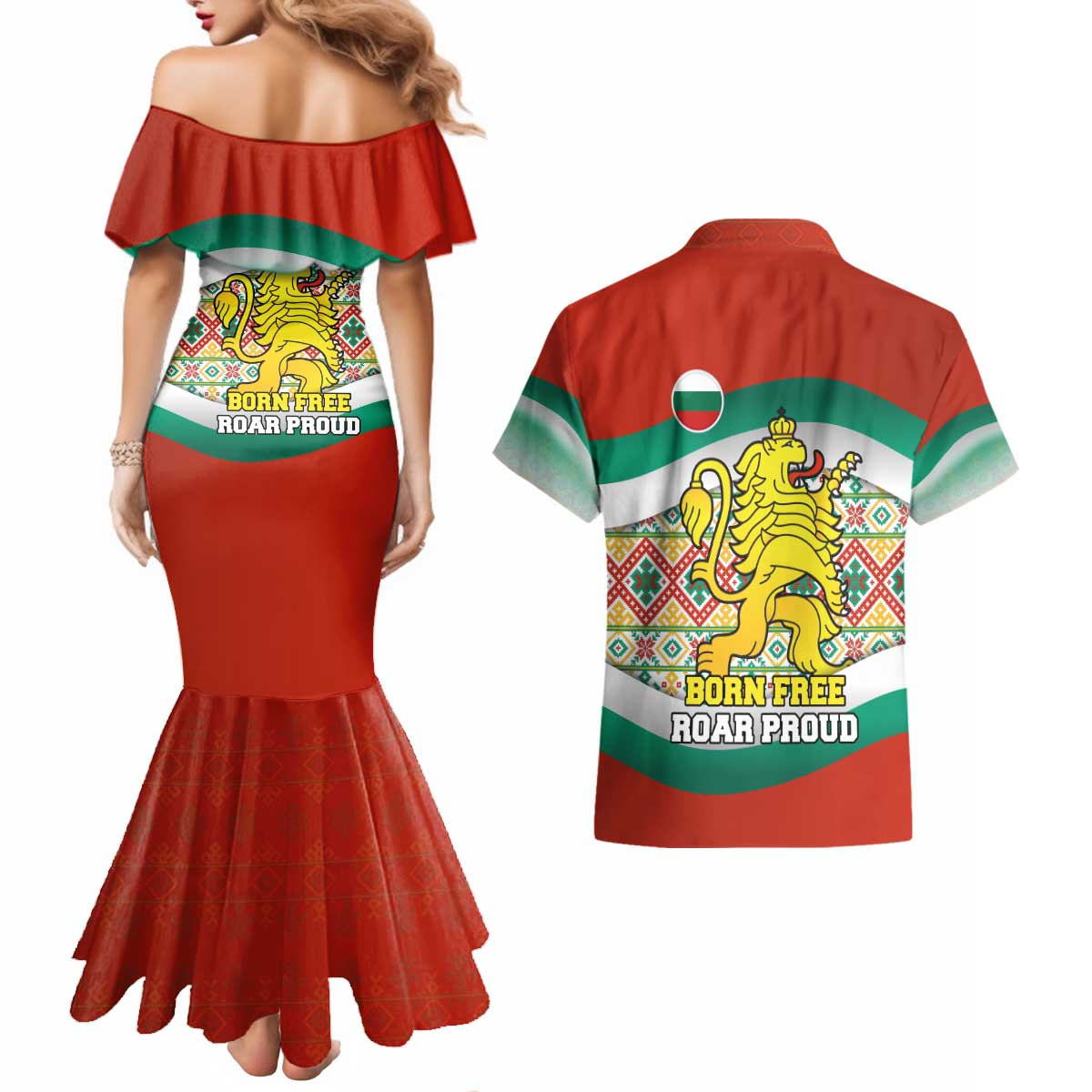 Bulgaria Lion Couples Matching Mermaid Dress and Hawaiian Shirt Tricolor Flag, Folk Pattern and Proud Motto