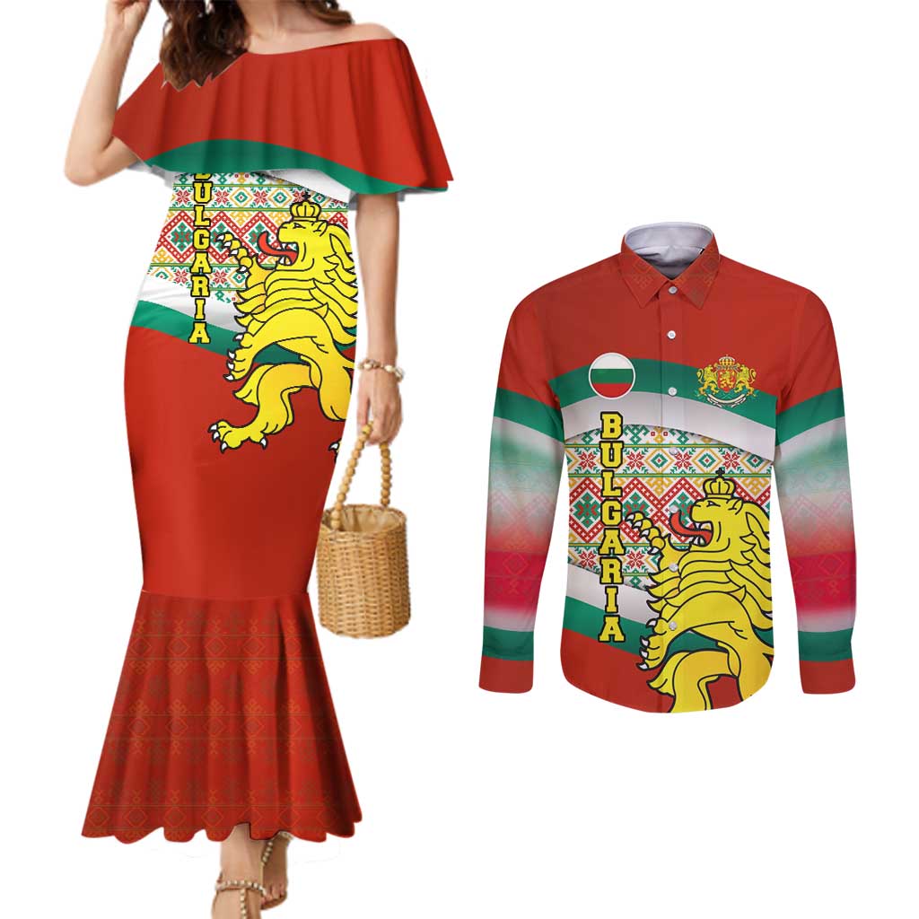 Bulgaria Lion Couples Matching Mermaid Dress and Long Sleeve Button Shirt Tricolor Flag, Folk Pattern and Proud Motto