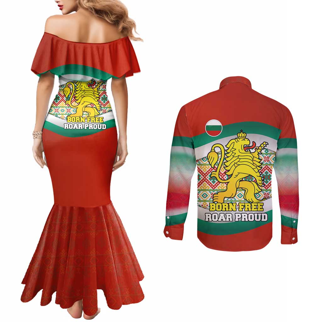 Bulgaria Lion Couples Matching Mermaid Dress and Long Sleeve Button Shirt Tricolor Flag, Folk Pattern and Proud Motto