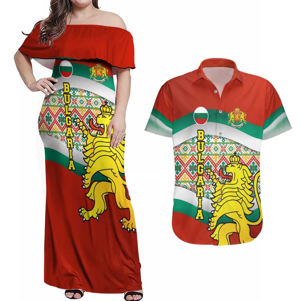 Bulgaria Lion Couples Matching Off Shoulder Maxi Dress and Hawaiian Shirt Tricolor Flag, Folk Pattern and Proud Motto
