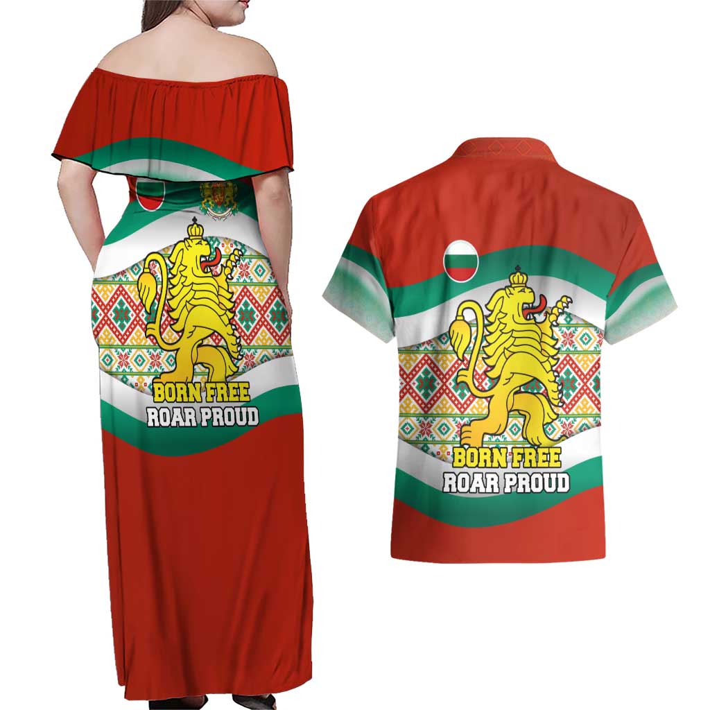 Bulgaria Lion Couples Matching Off Shoulder Maxi Dress and Hawaiian Shirt Tricolor Flag, Folk Pattern and Proud Motto