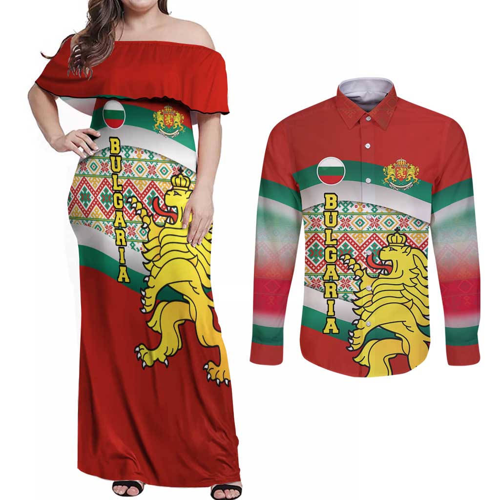 Bulgaria Lion Couples Matching Off Shoulder Maxi Dress and Long Sleeve Button Shirt Tricolor Flag, Folk Pattern and Proud Motto