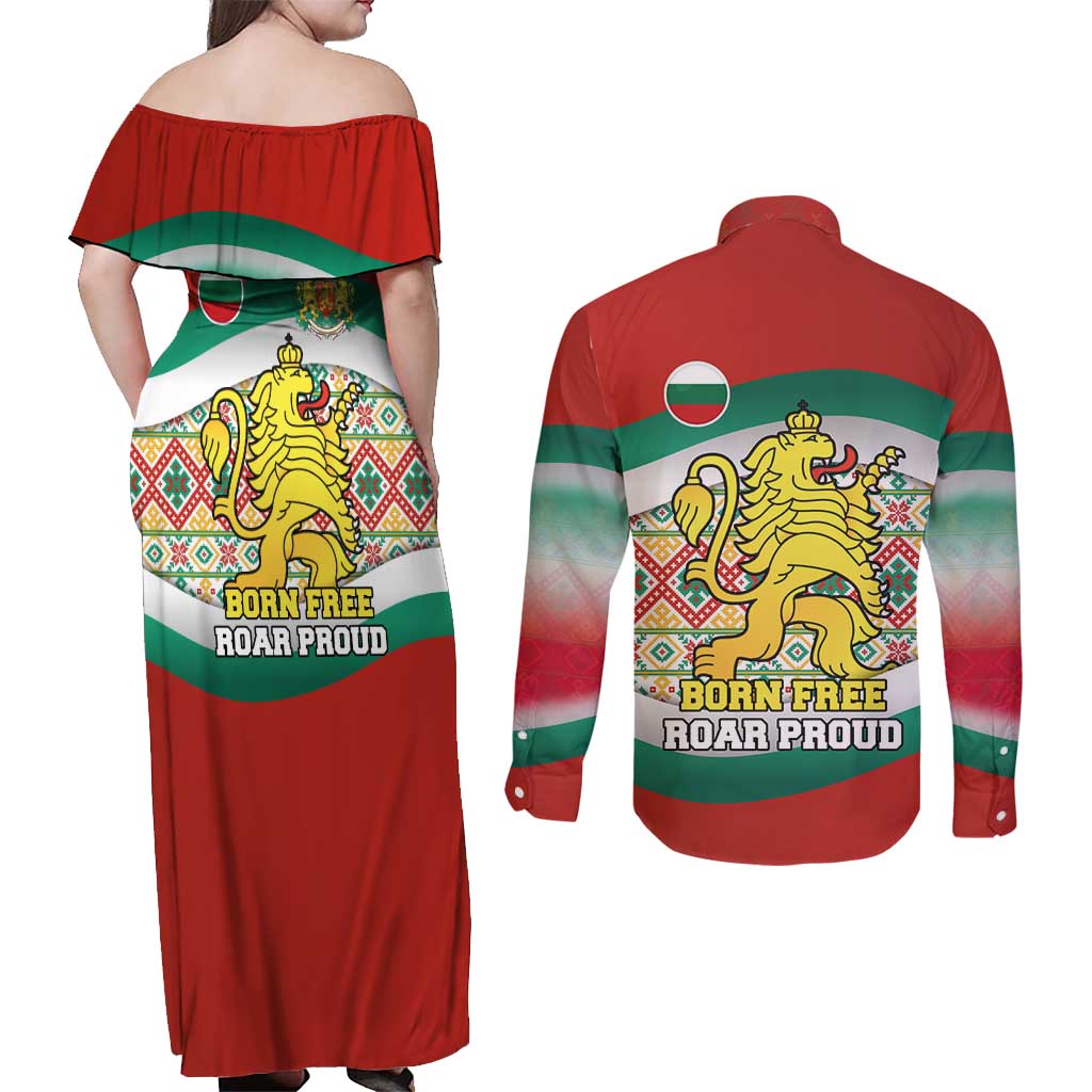 Bulgaria Lion Couples Matching Off Shoulder Maxi Dress and Long Sleeve Button Shirt Tricolor Flag, Folk Pattern and Proud Motto