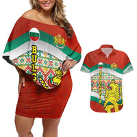 Bulgaria Lion Couples Matching Off Shoulder Short Dress and Hawaiian Shirt Tricolor Flag, Folk Pattern and Proud Motto