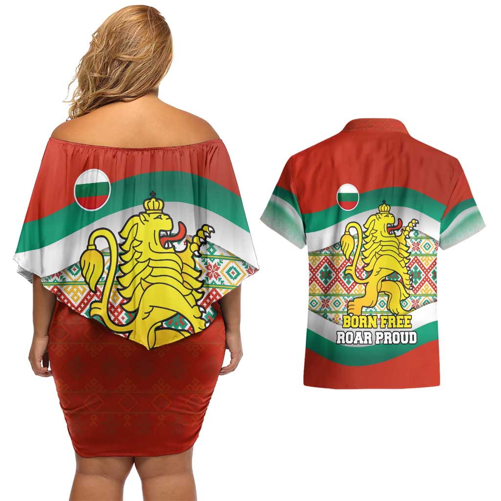 Bulgaria Lion Couples Matching Off Shoulder Short Dress and Hawaiian Shirt Tricolor Flag, Folk Pattern and Proud Motto