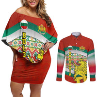 Bulgaria Lion Couples Matching Off Shoulder Short Dress and Long Sleeve Button Shirt Tricolor Flag, Folk Pattern and Proud Motto