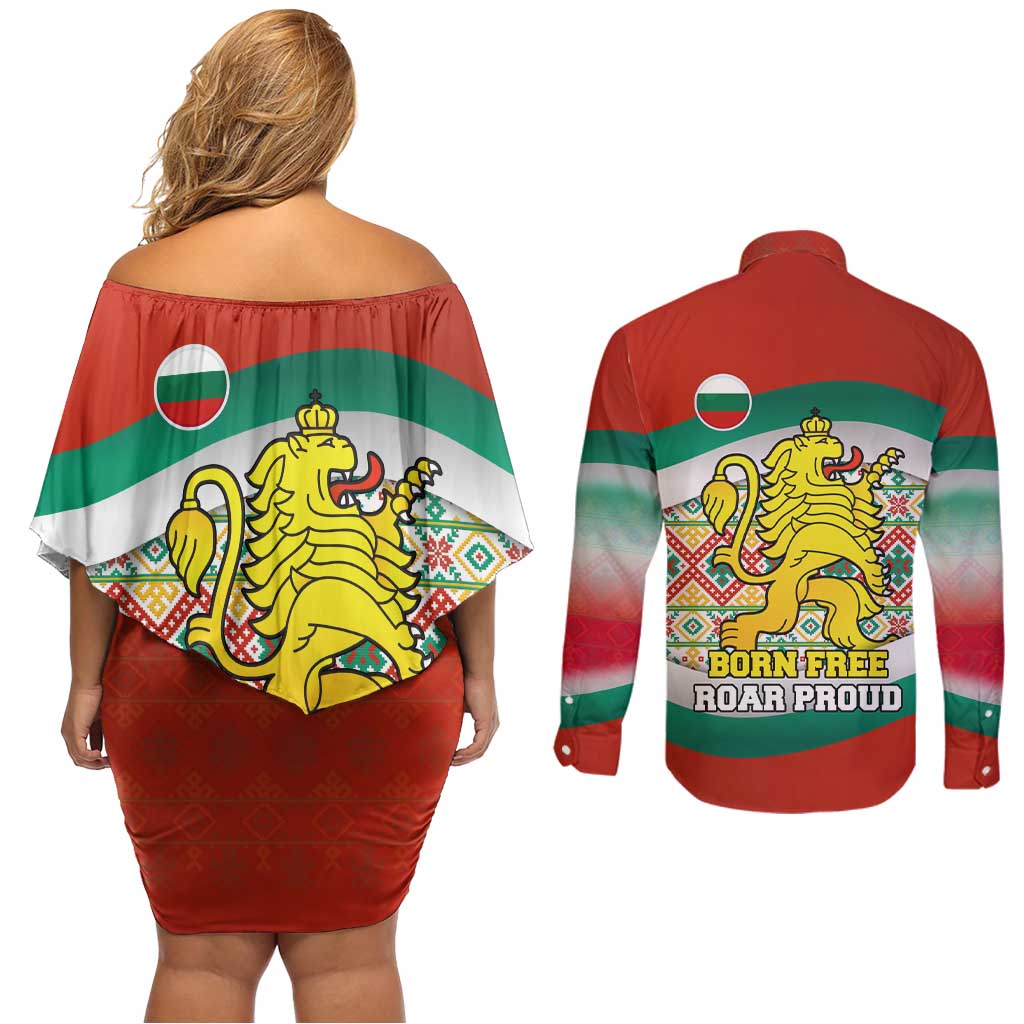 Bulgaria Lion Couples Matching Off Shoulder Short Dress and Long Sleeve Button Shirt Tricolor Flag, Folk Pattern and Proud Motto