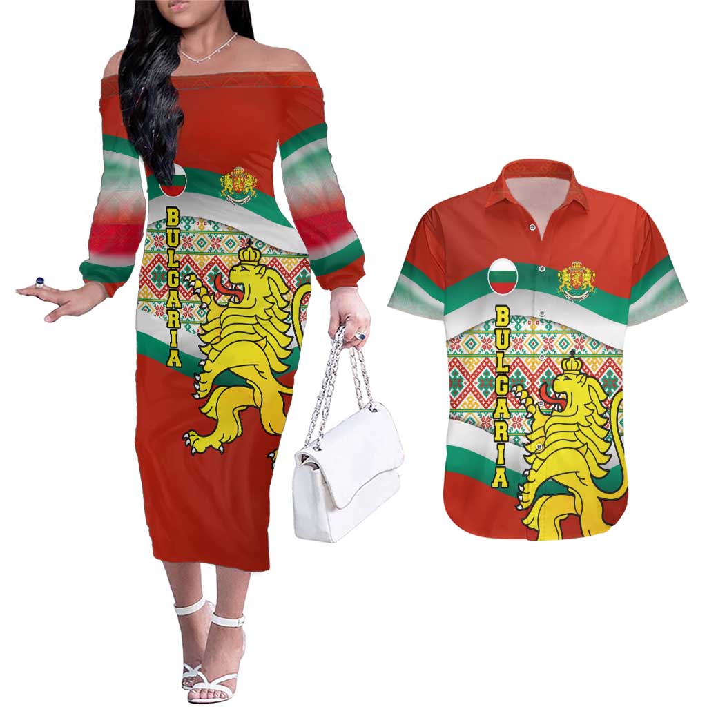 Bulgaria Lion Couples Matching Off The Shoulder Long Sleeve Dress and Hawaiian Shirt Tricolor Flag, Folk Pattern and Proud Motto