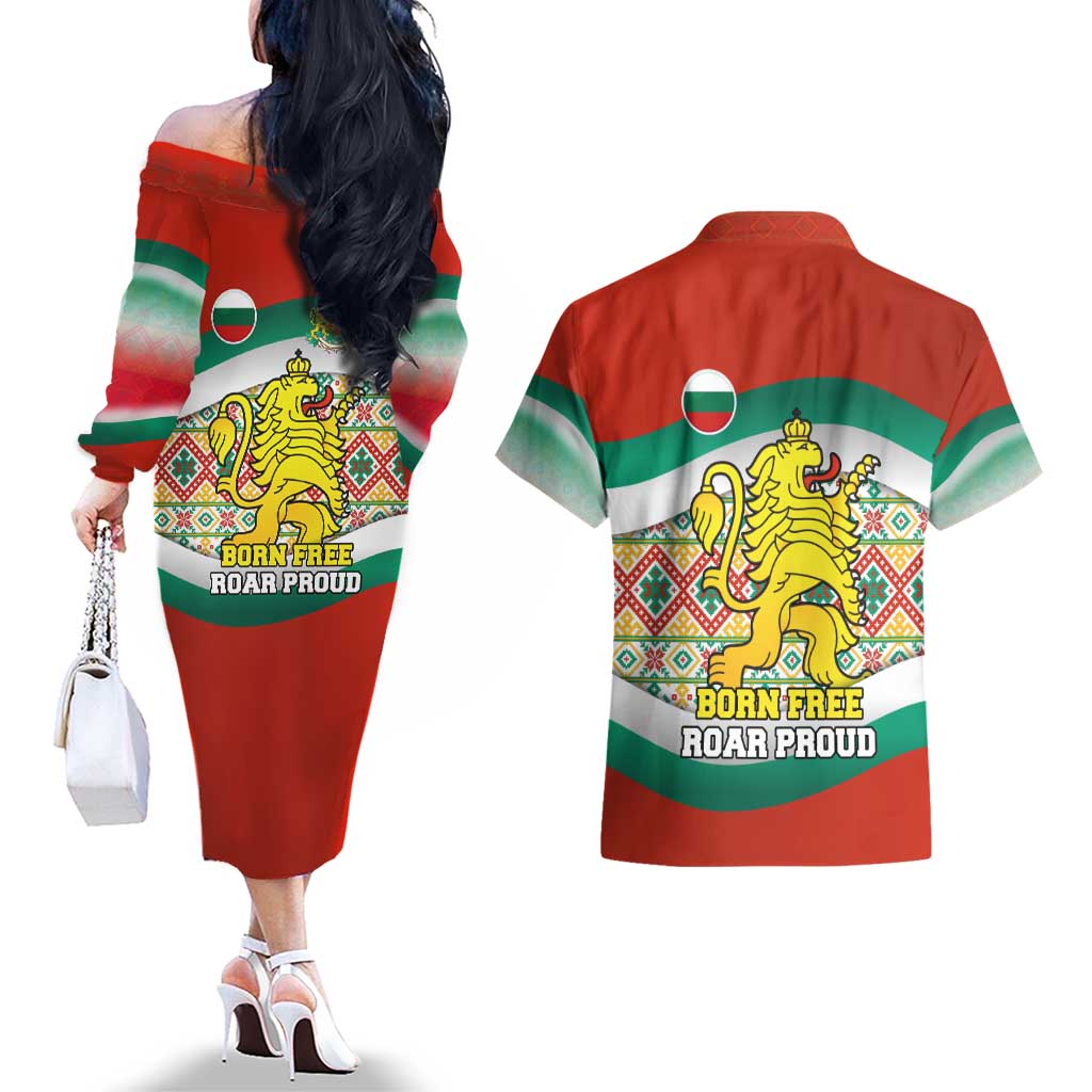 Bulgaria Lion Couples Matching Off The Shoulder Long Sleeve Dress and Hawaiian Shirt Tricolor Flag, Folk Pattern and Proud Motto