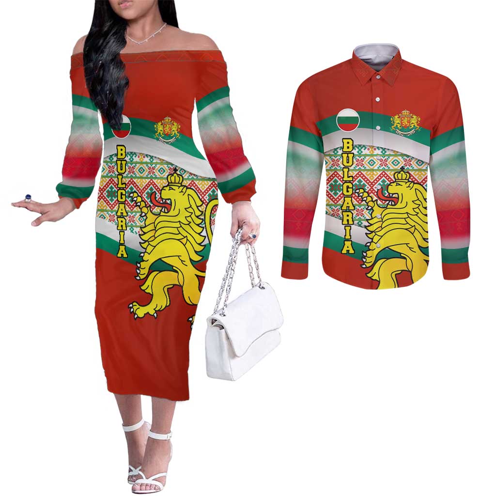Bulgaria Lion Couples Matching Off The Shoulder Long Sleeve Dress and Long Sleeve Button Shirt Tricolor Flag, Folk Pattern and Proud Motto