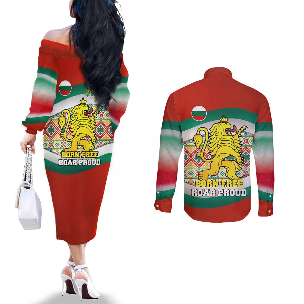 Bulgaria Lion Couples Matching Off The Shoulder Long Sleeve Dress and Long Sleeve Button Shirt Tricolor Flag, Folk Pattern and Proud Motto