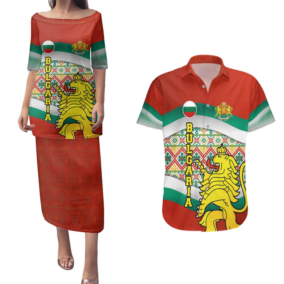 Bulgaria Lion Couples Matching Puletasi and Hawaiian Shirt Tricolor Flag, Folk Pattern and Proud Motto