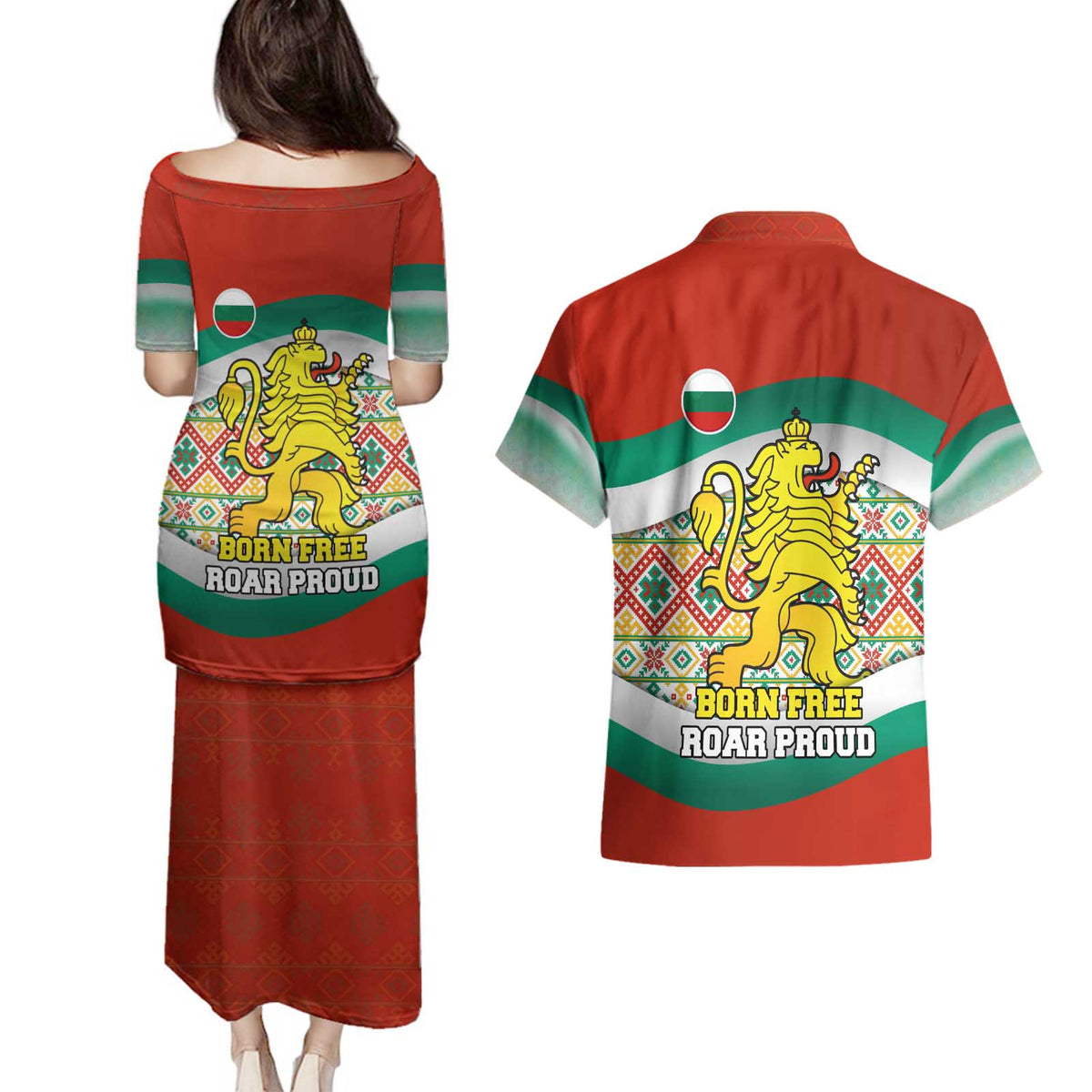 Bulgaria Lion Couples Matching Puletasi and Hawaiian Shirt Tricolor Flag, Folk Pattern and Proud Motto